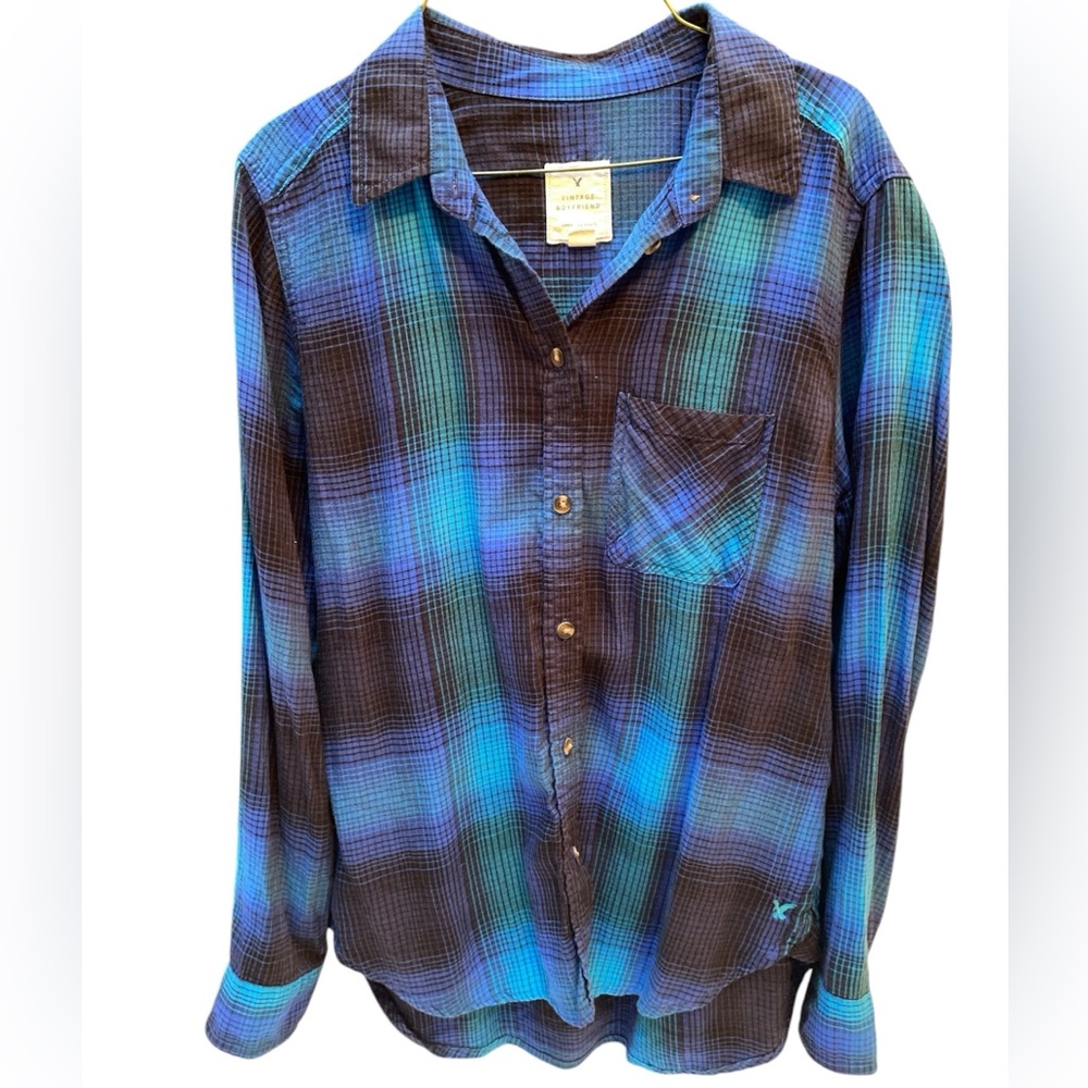 🔹American Eagle Multi-colored Blue Long Sleeve Flannel (S) 🔹
